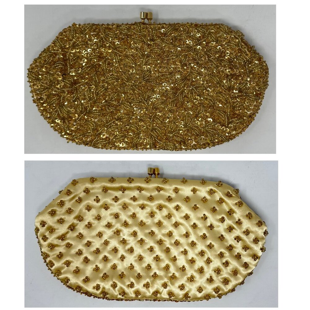 La Regale Gold Beaded Satin Lined Evening Bag Purse Clutch Vintage Kiss Latch